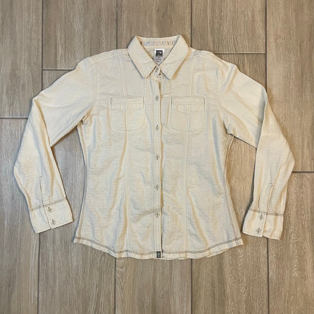 The North Face Button Up Shirt Womens Large Beige Bamboo Blend Hiking